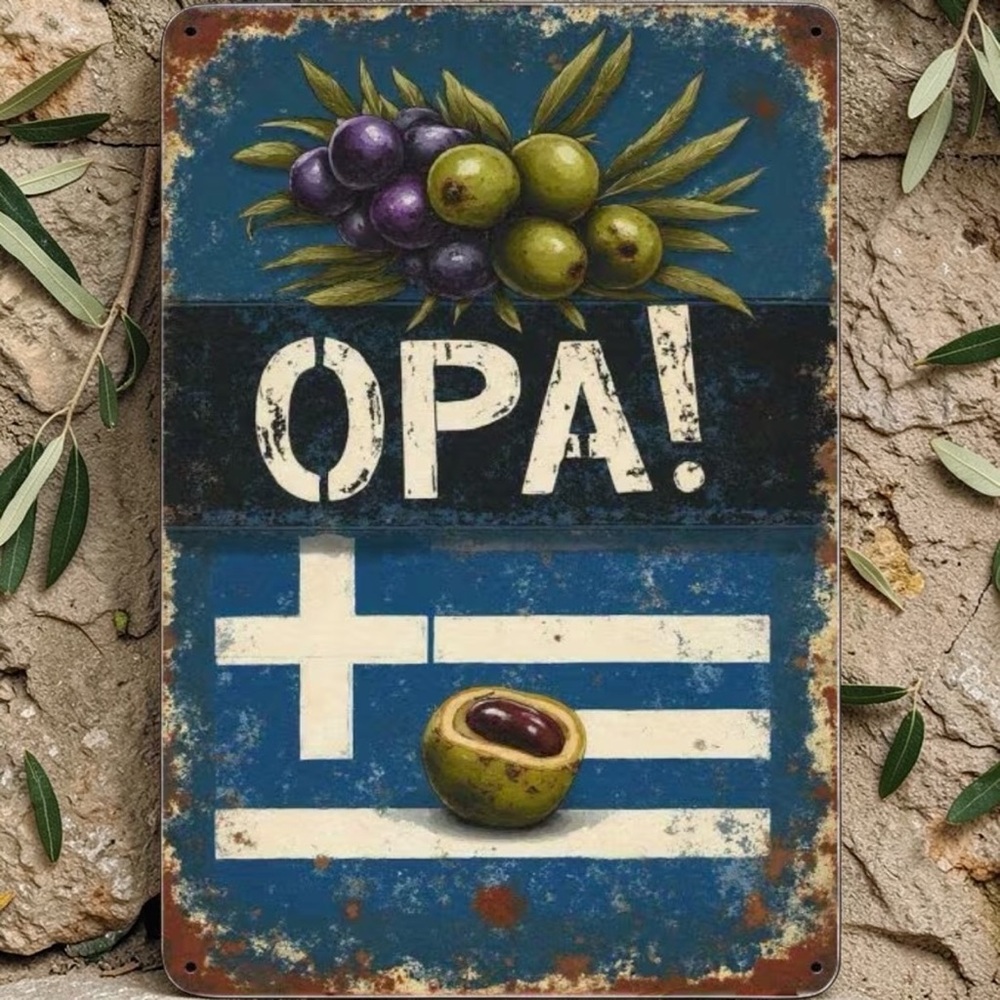 OPA! Vintage Olive & Greek Flag Metal Sign - Blue, White, Green
